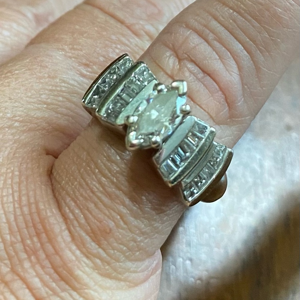 14kt White Gold Ring with Marquise Diamond and 20 Baguette Diamonds